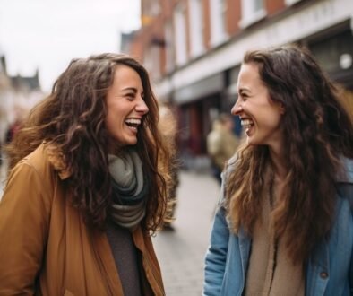 two female friends chatting and laughing in the street