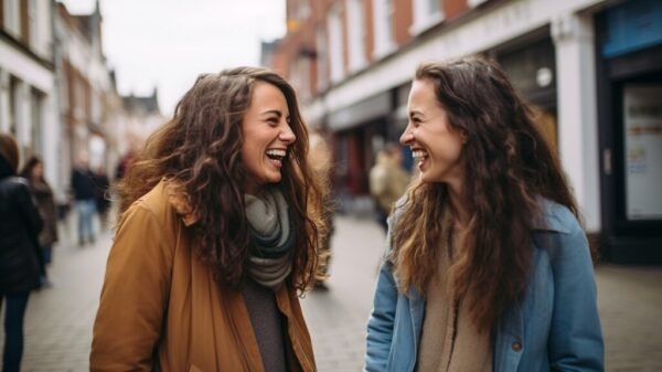 two female friends chatting and laughing in the street